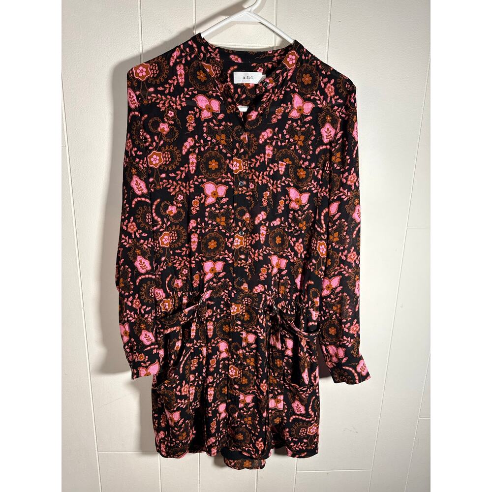 A.L.C. 100% Silk Paisley Long Sleeve Mini Dress Pink & Black Size 4 D-Ring Waist